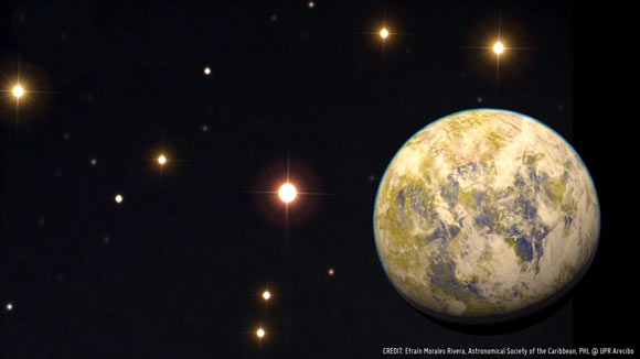 artistic representation of the potentially habitable super-earth gliese 832 c with an actual photo of its parent star, center, taken on june 25, 2014 from aguadilla, puerto rico. image credit: efrain morales rivera / astronomical society of the caribbean / phl / upr arecibo.