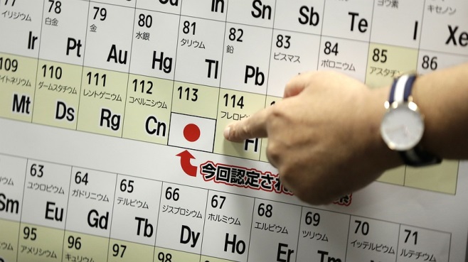 kosuke morita, researcher of riken (institute of physical and chemical research) who led a group discovered element 113, points to a periodic table of the elements during a press conference at the institution in wako, japan, june 9, 2016.