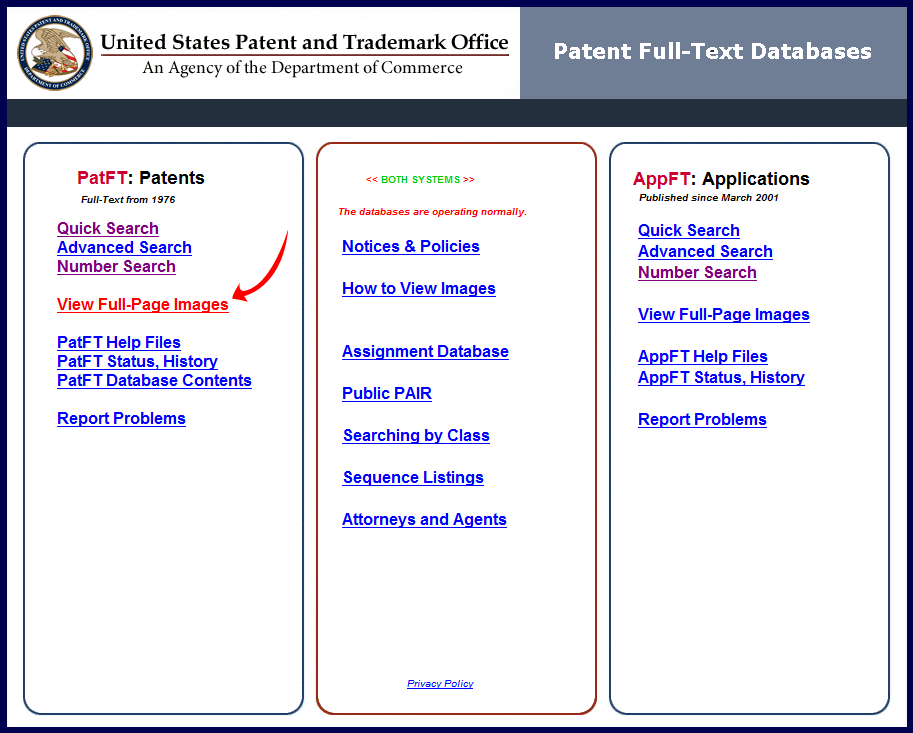 screen capture of patent full text and image database web page