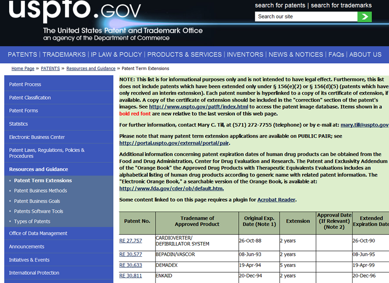 screen capture of http://www.uspto.gov/patents/resources/terms/156.jsp