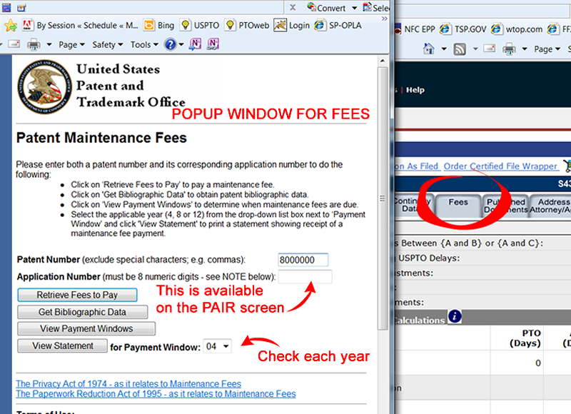 screen capture of patent maintenance fees window
